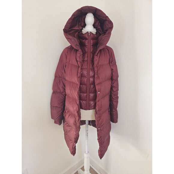 Athleta Lofty Goose Down Hooded Maple Burgundy Red Puffer Coat Zip Snap XS - Picture 2 of 16